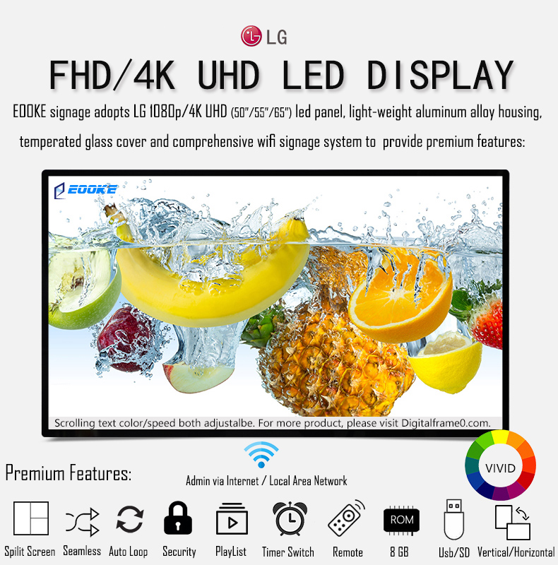 19" 65" WIFI digital signage displays, WIFI digital photo frame system